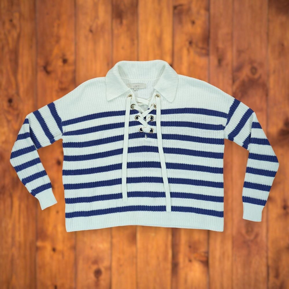 LOFT  Sweater  Women's ‎ Sz S Blue White Striped Lace Up Polo Long Sleeve V neck